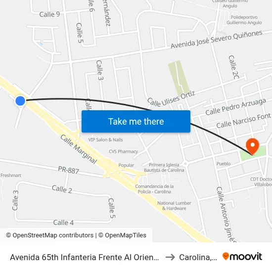 Avenida 65th Infanteria Frente Al Oriental Bank to Carolina, PR map