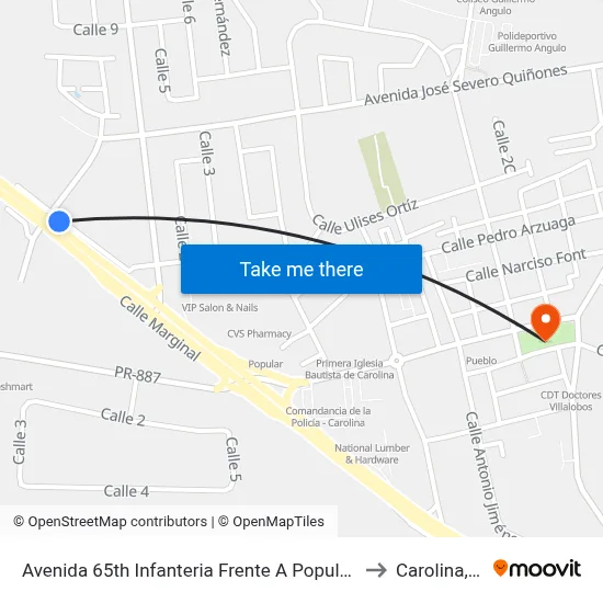 Avenida 65th Infanteria Frente A Popular Auto to Carolina, PR map