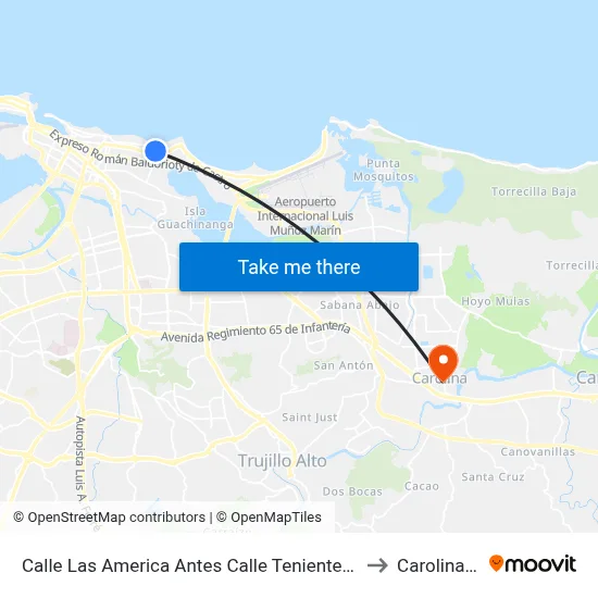 Calle Las America Antes Calle Teniente Lavergne to Carolina, PR map