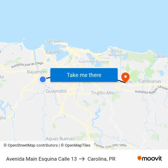 Avenida Main Esquina Calle 13 to Carolina, PR map
