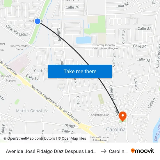 Avenida José Fidalgo Díaz Despues Lado Opuesto Vía 44 to Carolina, PR map