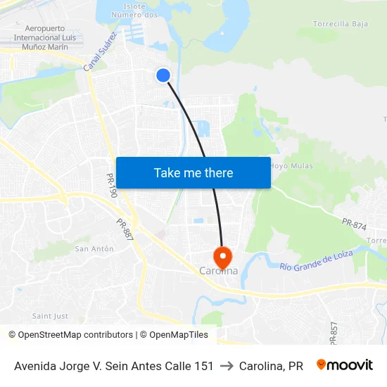 Avenida Jorge V. Sein Antes Calle 151 to Carolina, PR map