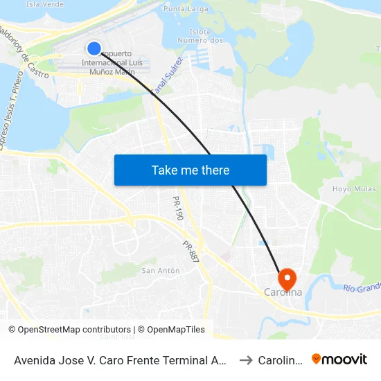 Avenida Jose V. Caro Frente Terminal American Airlines to Carolina, PR map