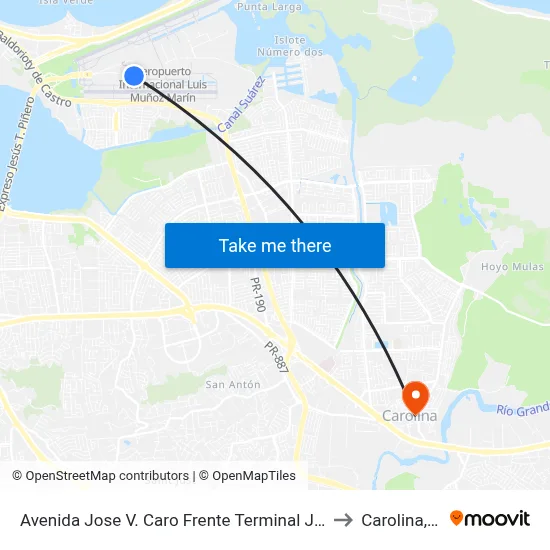 Avenida Jose V. Caro Frente Terminal Jet Blue to Carolina, PR map