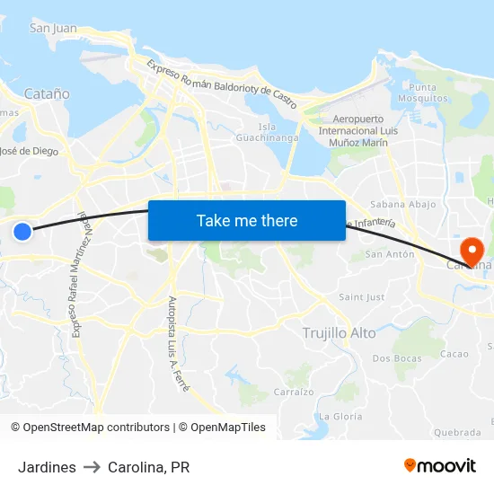 Jardines to Carolina, PR map
