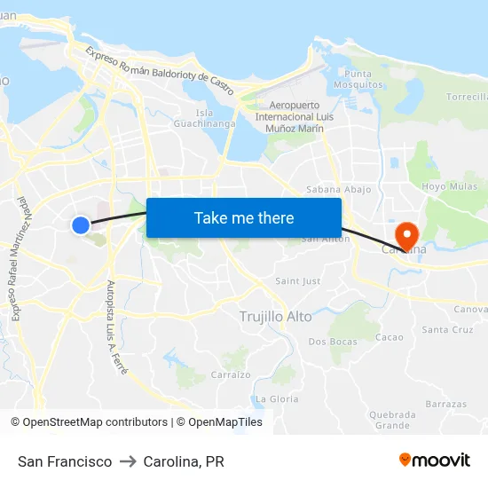 San Francisco to Carolina, PR map