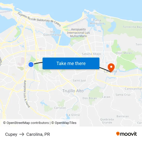 Cupey to Carolina, PR map