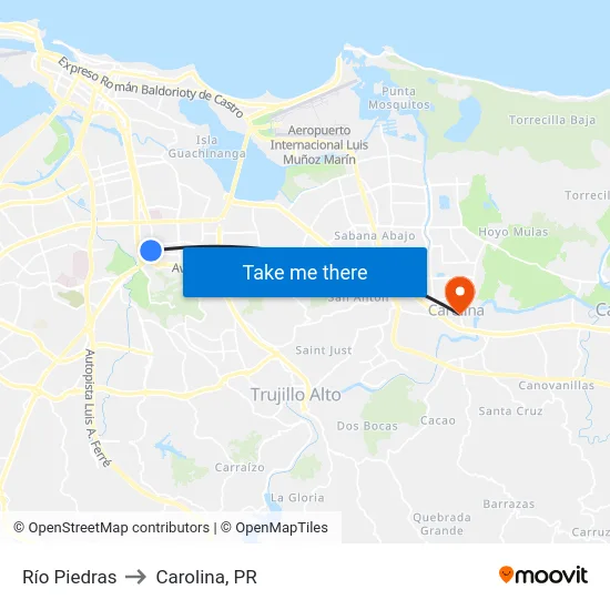 Río Piedras to Carolina, PR map