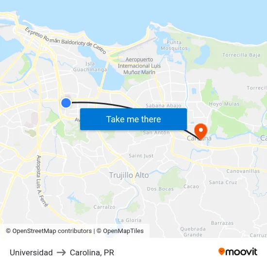 Universidad to Carolina, PR map