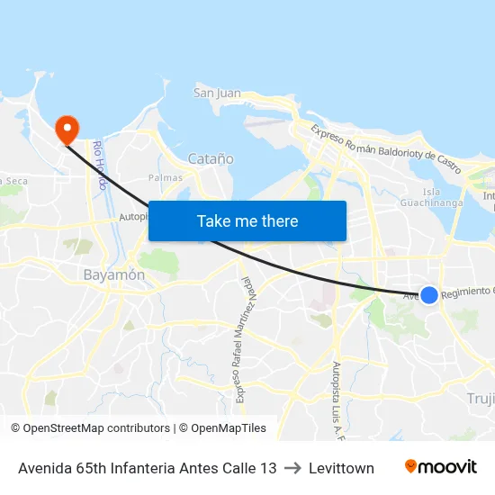 Avenida 65th Infanteria Antes Calle 13 to Levittown map