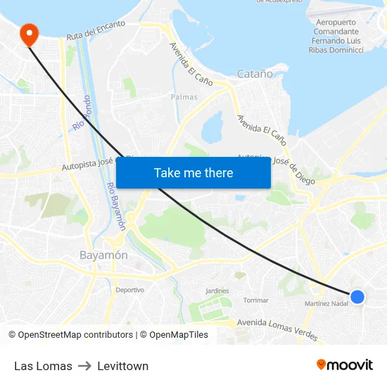 Las Lomas to Levittown map