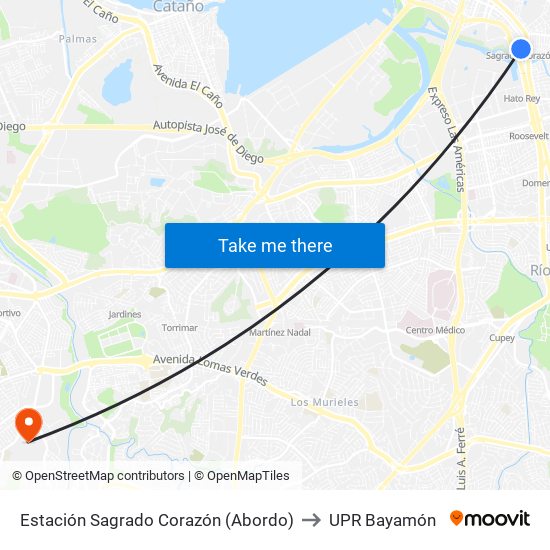 Estación Sagrado Corazón (Abordo) to UPR Bayamón map
