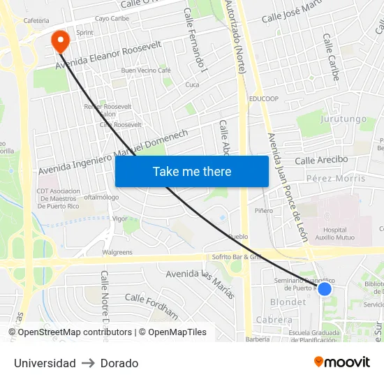 Universidad to Dorado map