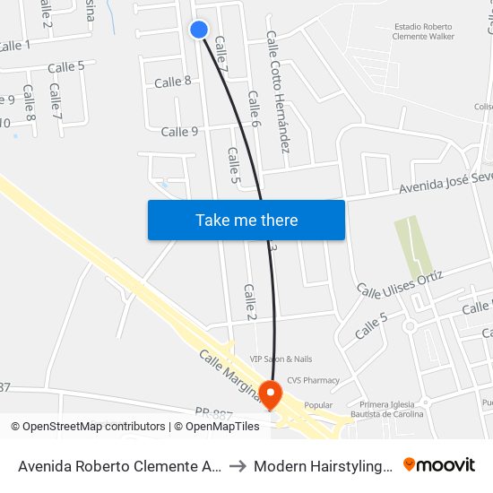 Avenida Roberto Clemente Antes Calle 6 to Modern Hairstyling Institute map