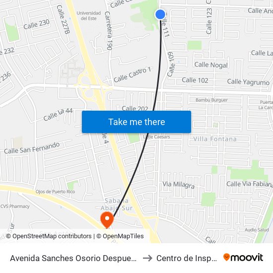Avenida Sanches Osorio Despues Calle 128 to Centro de Inspección map