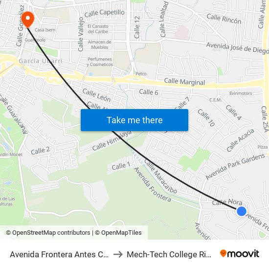Avenida Frontera Antes Calle Toloy to Mech-Tech College Rio Piedras map