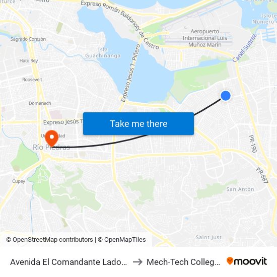Avenida El Comandante Lado Opuesto Calle 538 to Mech-Tech College Rio Piedras map