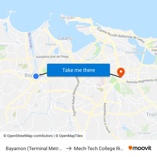 Bayamon (Terminal Metro Urbano) to Mech-Tech College Rio Piedras map