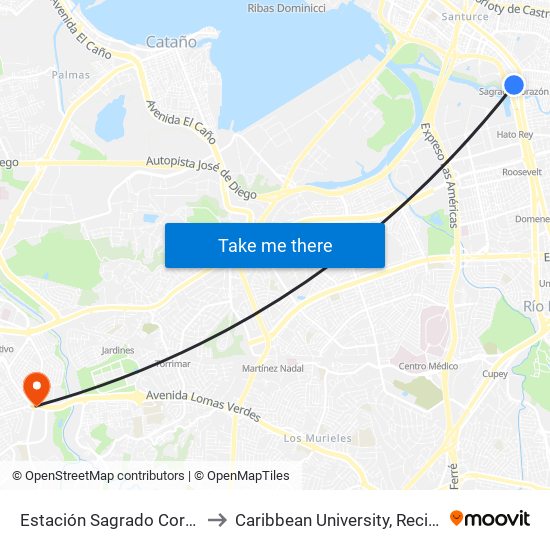 Estación Sagrado Corazón (Abordo) to Caribbean University, Recinto de Bayamón map