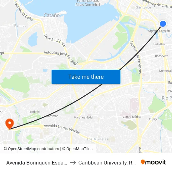 Avenida Borinquen Esquina Calle Quinones to Caribbean University, Recinto de Bayamón map