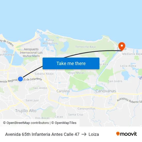 Avenida 65th Infanteria Antes Calle 47 to Loiza map