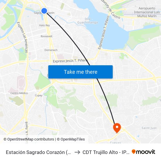 Estación Sagrado Corazón (Abordo) to CDT Trujillo Alto - IPA 620 map