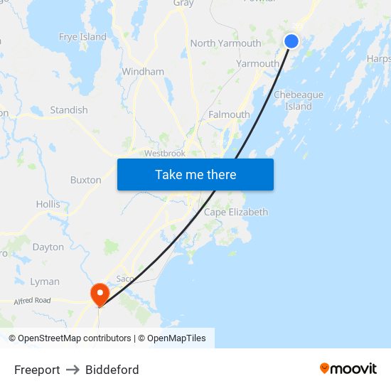 Freeport to Biddeford map