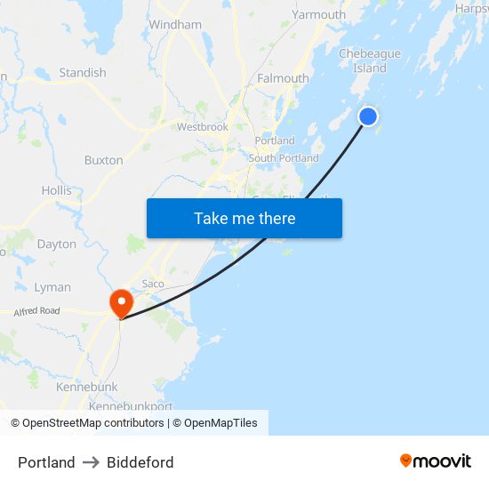 Portland to Biddeford map