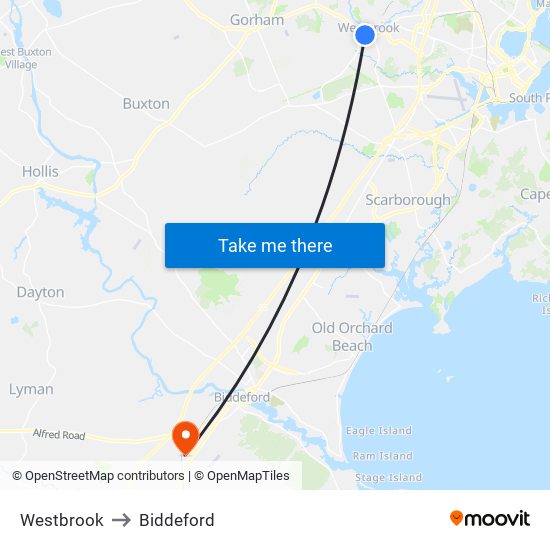 Westbrook to Biddeford map