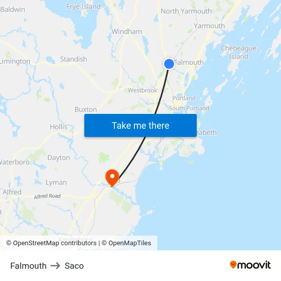 Falmouth to Saco map