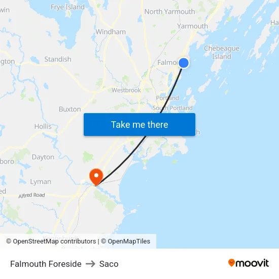 Falmouth Foreside to Saco map