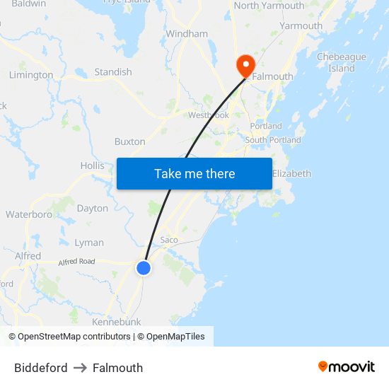 Biddeford to Falmouth map