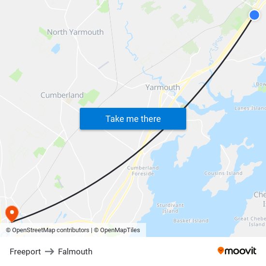 Freeport to Falmouth map