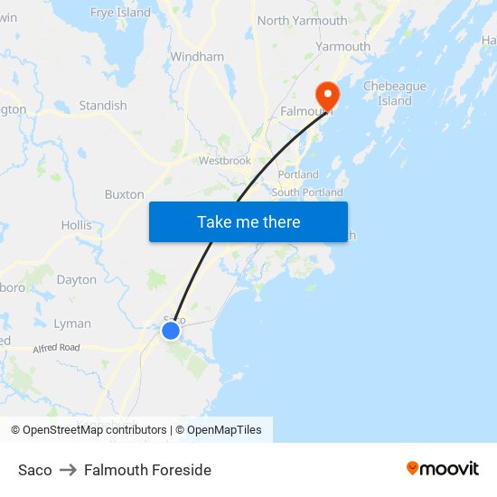 Saco to Falmouth Foreside map
