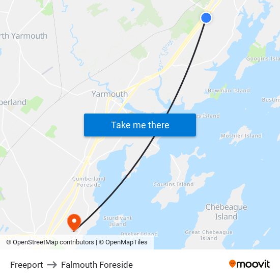 Freeport to Falmouth Foreside map