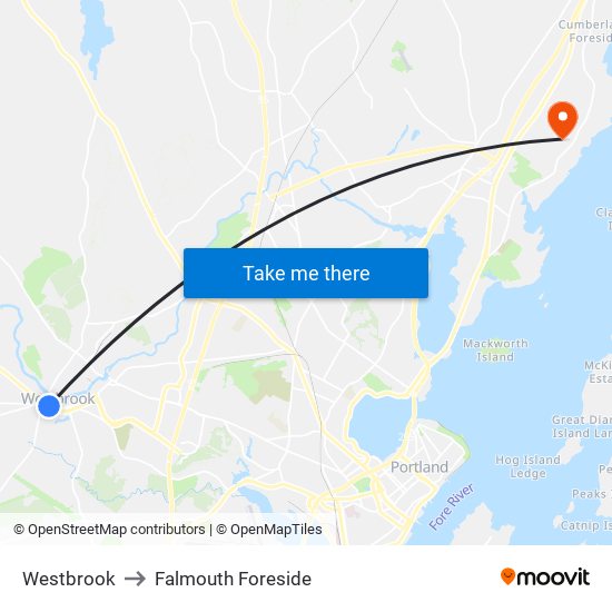 Westbrook to Falmouth Foreside map