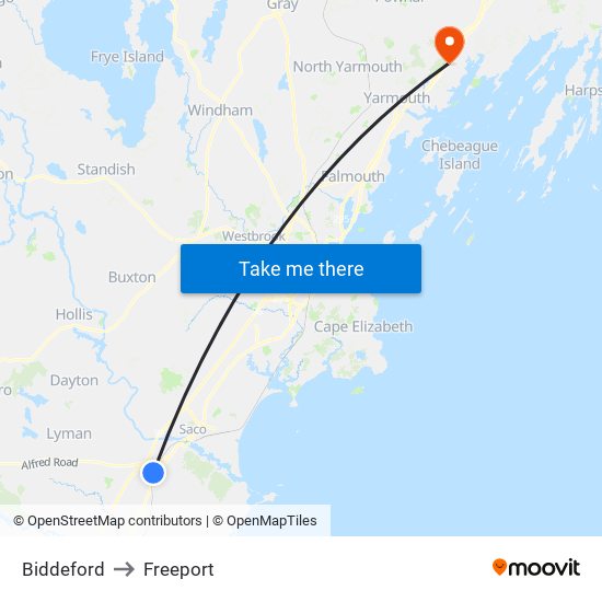 Biddeford to Freeport map