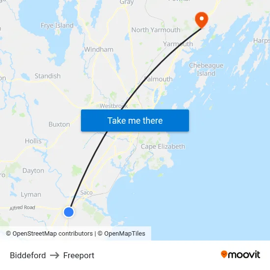 Biddeford to Freeport map