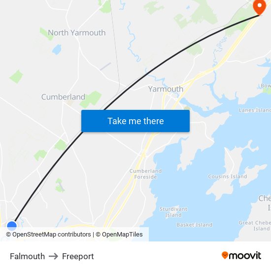 Falmouth to Freeport map