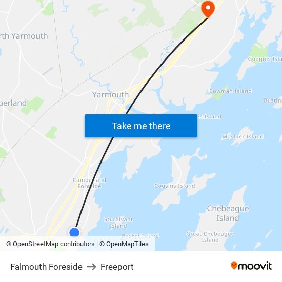 Falmouth Foreside to Freeport map