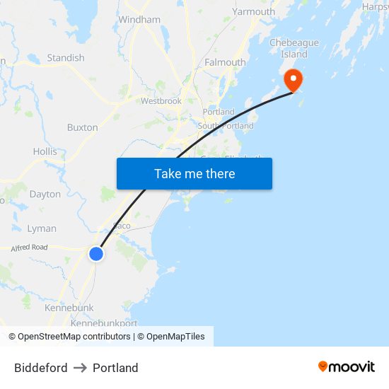 Biddeford to Portland map