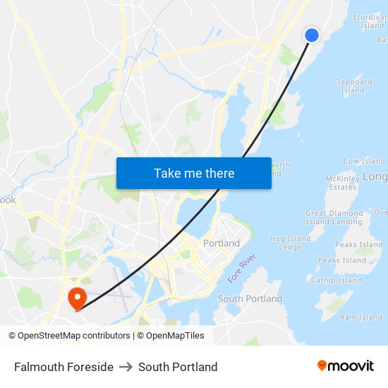 Falmouth Foreside to South Portland map