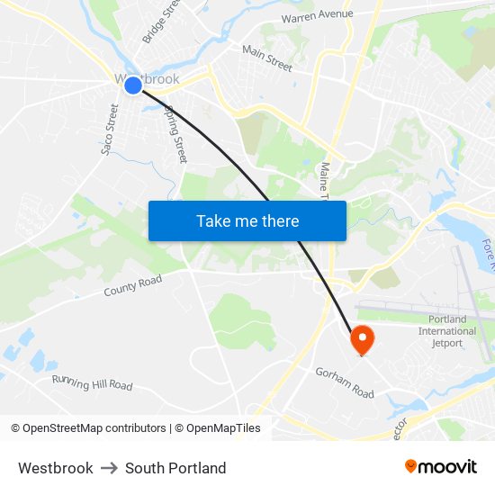 Westbrook to South Portland map
