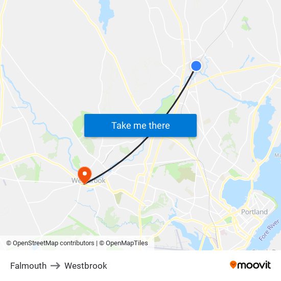 Falmouth to Westbrook map