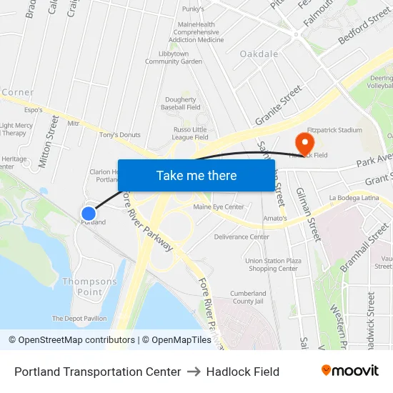 Portland Transportation Center to Hadlock Field map