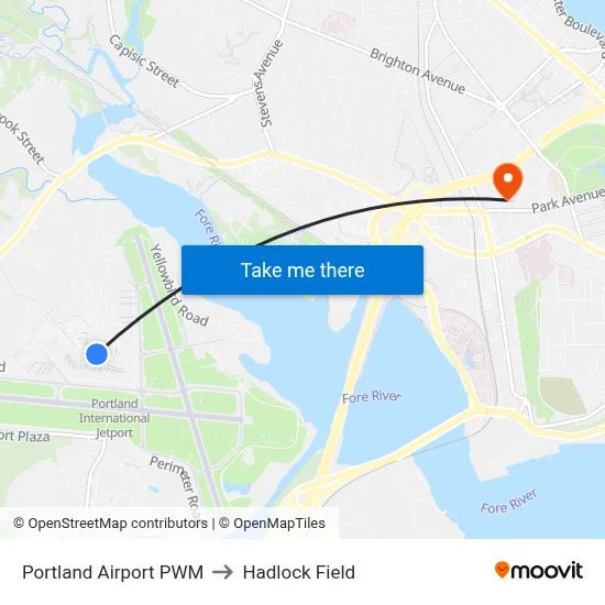 Portland Airport PWM to Hadlock Field map