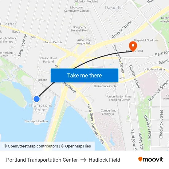 Portland Transportation Center to Hadlock Field map