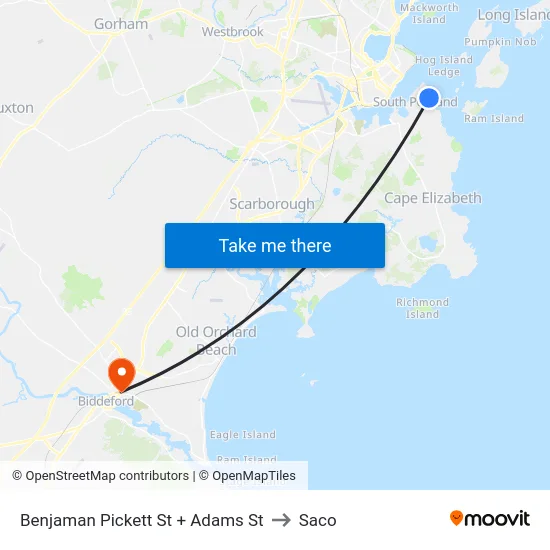 Benjaman Pickett St + Adams St to Saco map