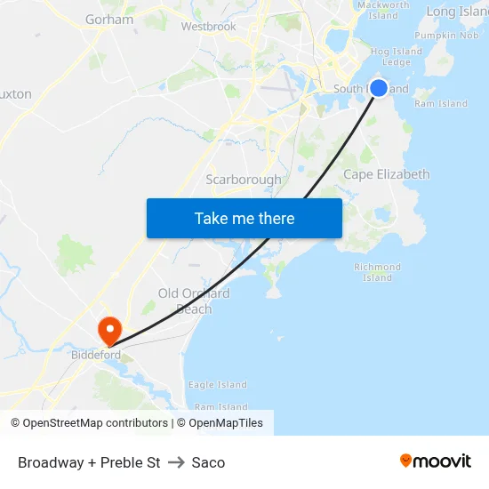 Broadway + Preble St to Saco map