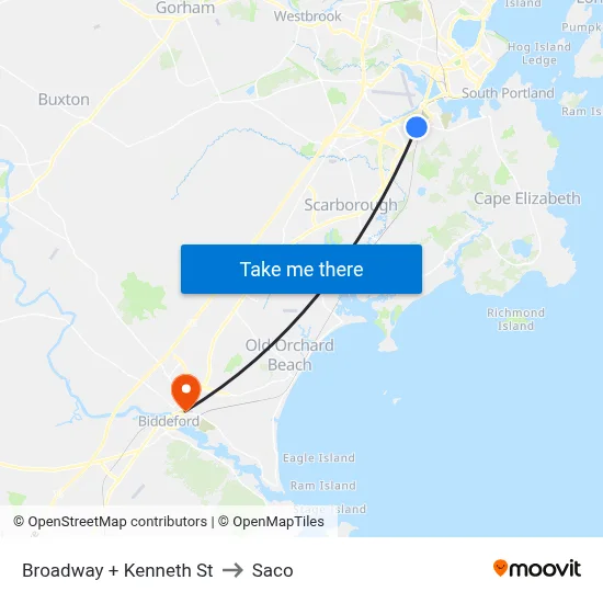 Broadway + Kenneth St to Saco map